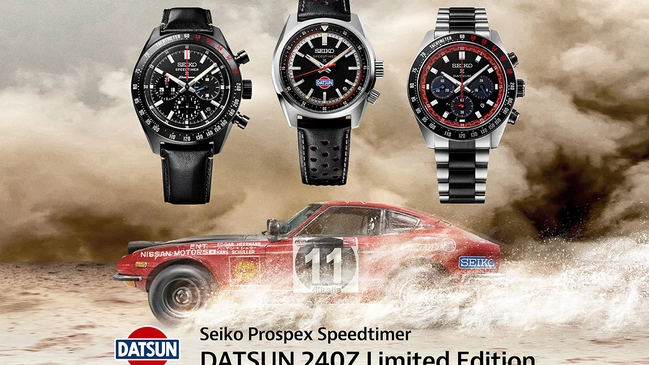 Seiko Prospex Speedtimer Datsun 240Z Limited Edition, all three watches in front of ad with the Datsun 240Z