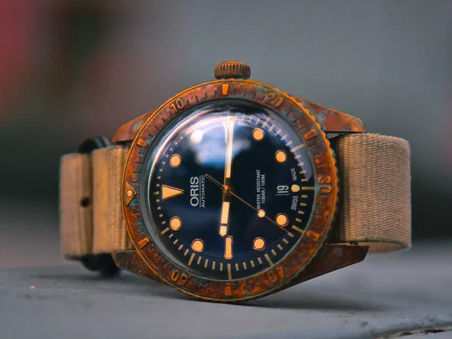 This Oris Carl Brashear has seen a variety of forced patina treatments at the hands of its owner Stark Shapleigh, including ammonia fuming and exposure to saltwater.
