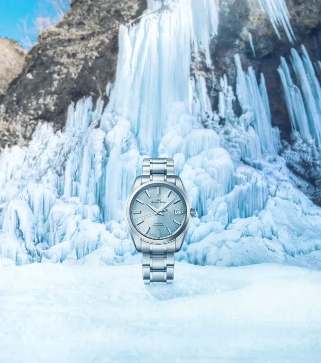Frozen waterfall Jily Su in winter. Landscape of mountains with