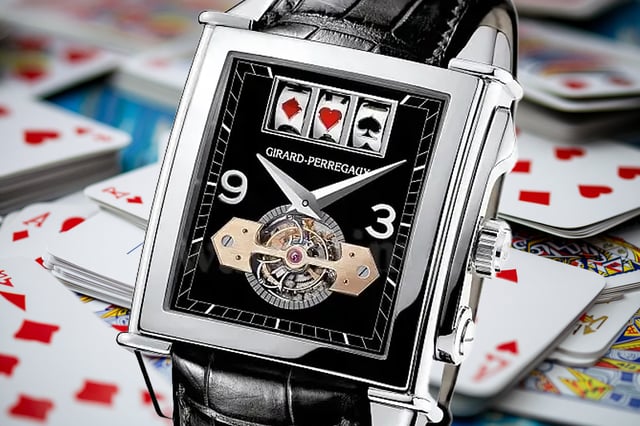 A photograph of the Girard-Perregaux Vintage 1945 Jackpot Tourbillon, which features the first slot machine complication in a wristwatch