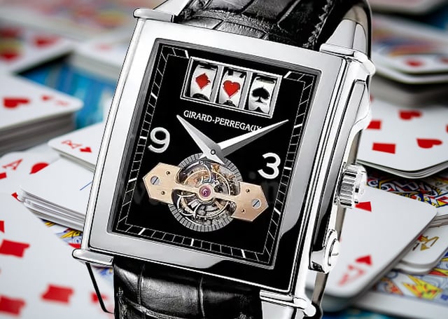 A photograph of the Girard-Perregaux Vintage 1945 Jackpot Tourbillon, which features the first slot machine complication in a wristwatch