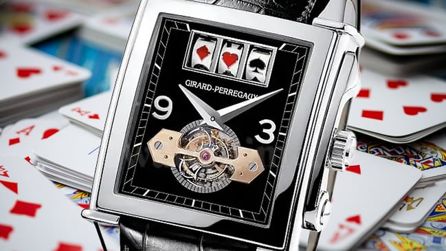 A photograph of the Girard-Perregaux Vintage 1945 Jackpot Tourbillon, which features the first slot machine complication in a wristwatch