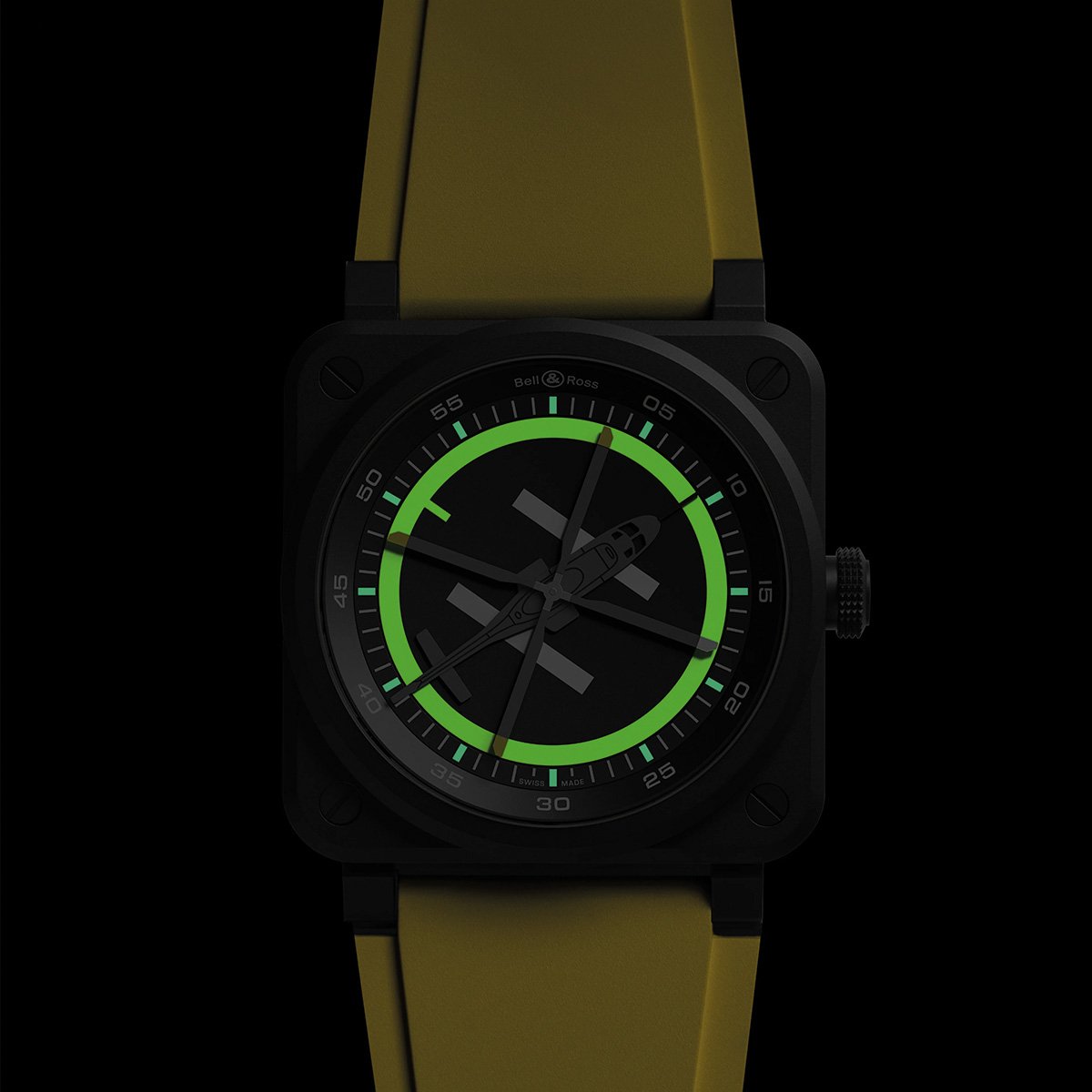 Bell & Ross BR-03 Helipad, closeup of watch dial at night