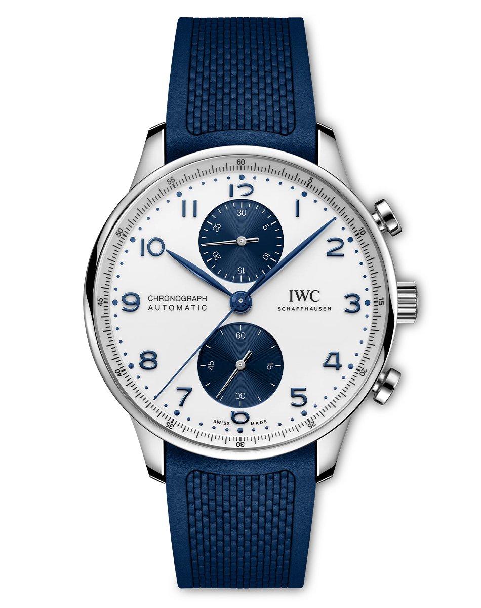 IWC – Portugieser Chronograph IW371620, automatic chronograph with white dial and rubber strap