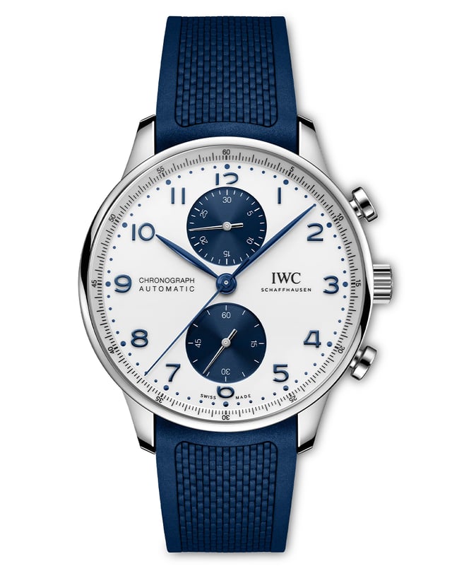 IWC – Portugieser Chronograph IW371620, automatic chronograph with white dial and rubber strap