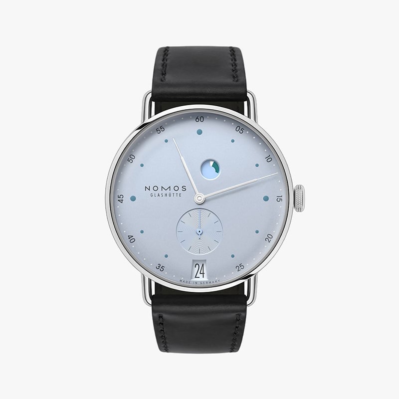 Nomos Metro date power reserve ice blue: front