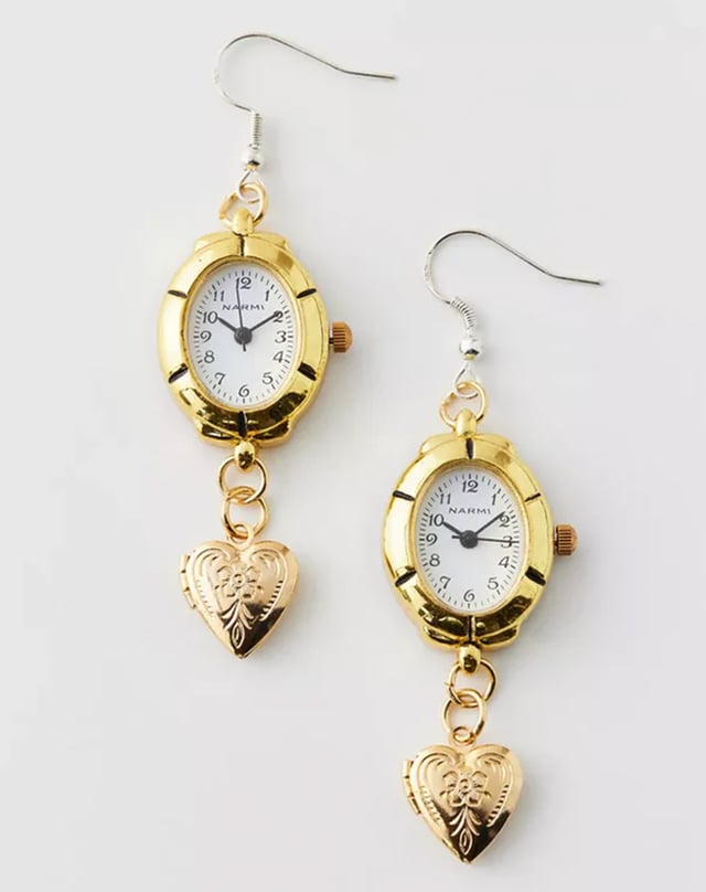 Sage & Saber – Gold Watch Drop Earrings, golden watch earrings
