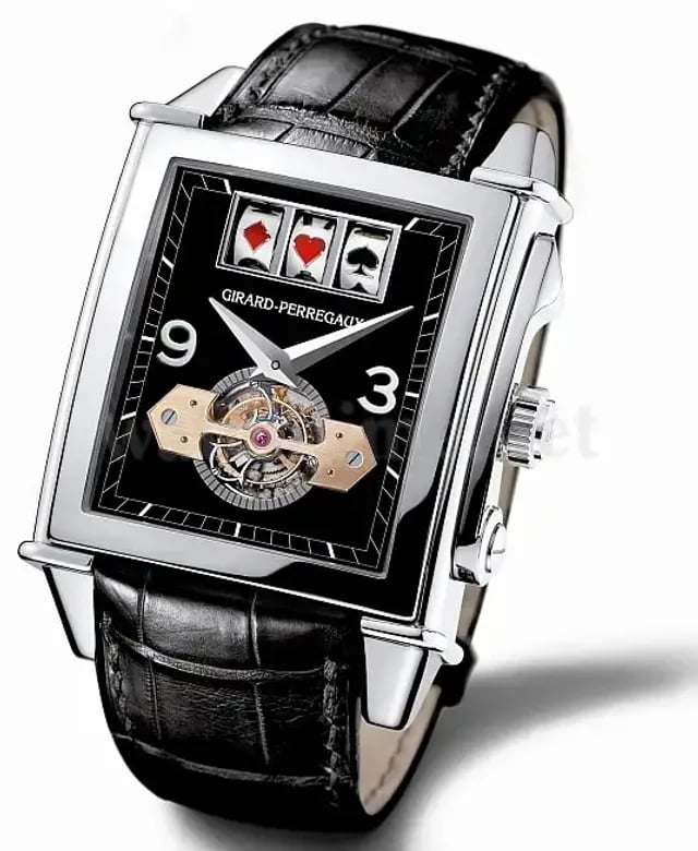 A photograph of the Girard-Perregaux Vintage 1945 Jackpot Tourbillon, which features the first slot machine complication in a wristwatch