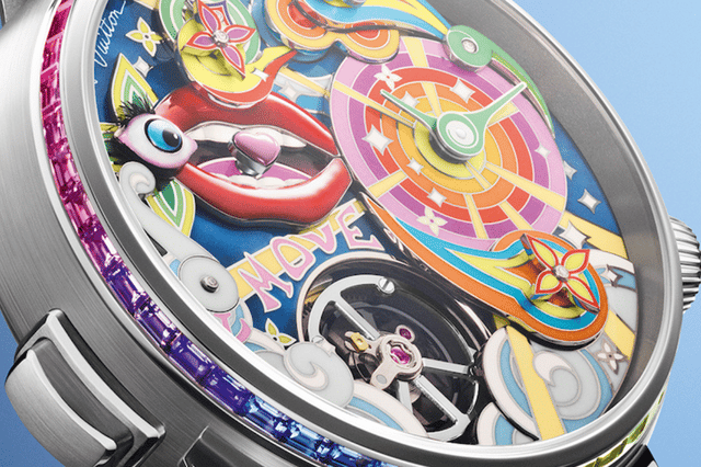 The Louis Vuitton Tambour Taiko Arty Automata, detail view of the dial with colorful symbols