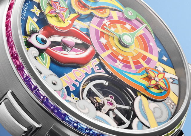 The Louis Vuitton Tambour Taiko Arty Automata, detail view of the dial with colorful symbols