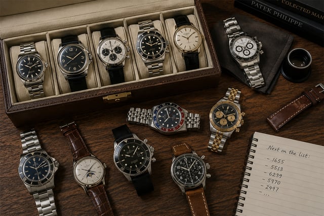 Watch collection consisting of dive watches, dress watches, and more.