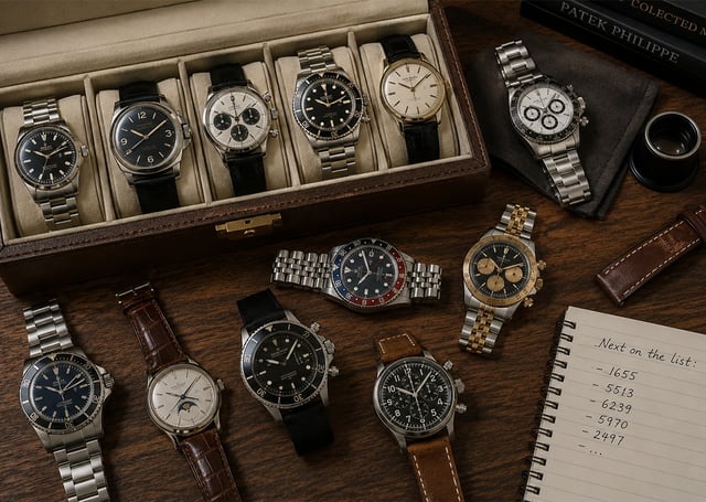 Watch collection consisting of dive watches, dress watches, and more.