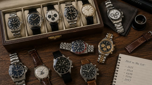 Watch collection consisting of dive watches, dress watches, and more.
