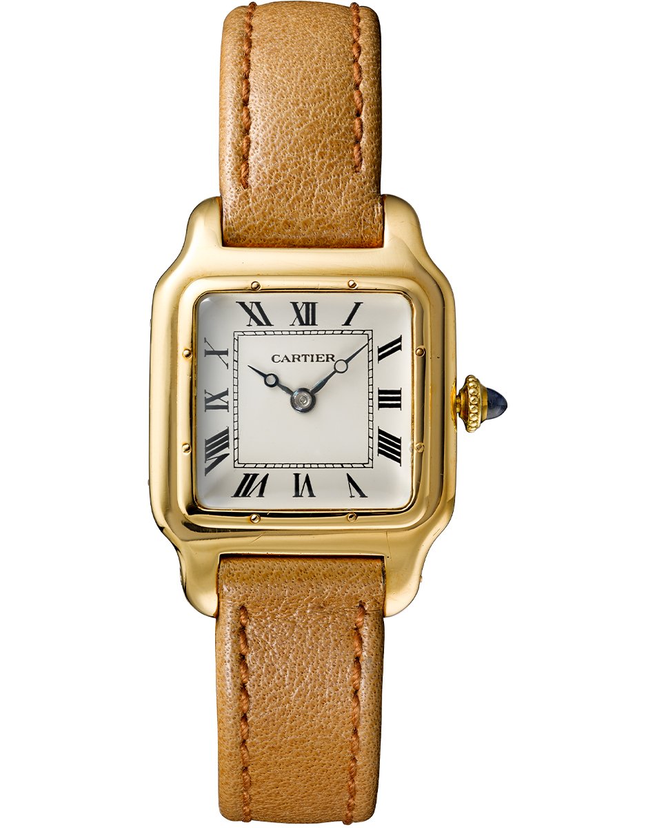 Cartier Santos, elegant gold watch on a leather strap