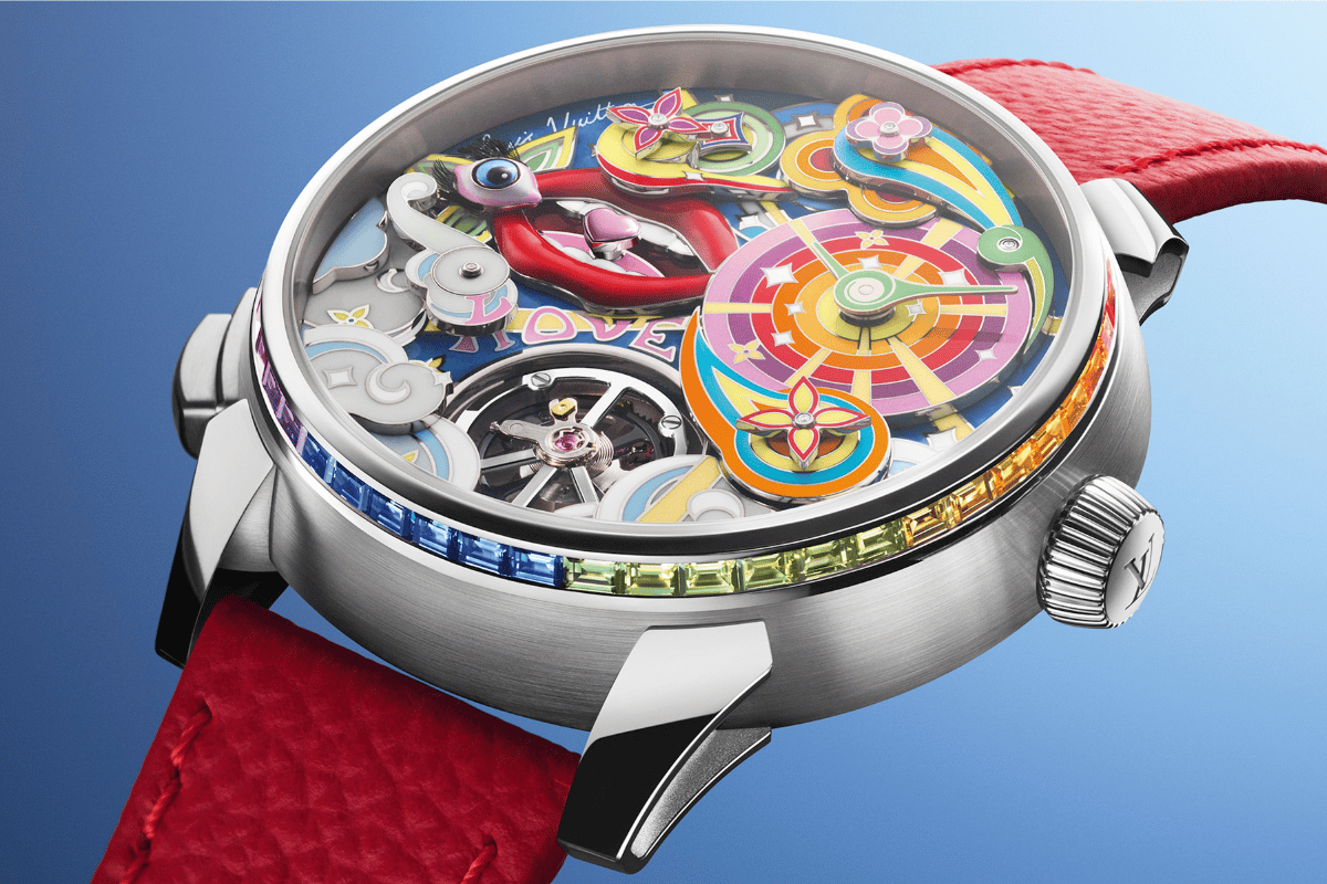 Close-up of the dial of the Louis Vuitton Tambour Taiko Arty Automata