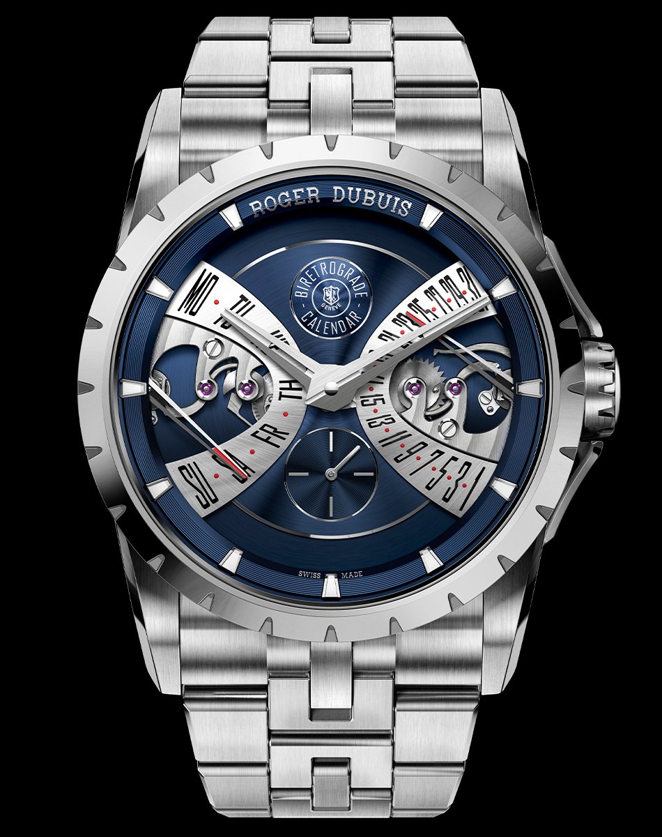 Roger Dubuis – Excalibur Biretrograde Calendar Cosmic Blue, stainless steel watch with automatic caliber, blue dial, and calendar function