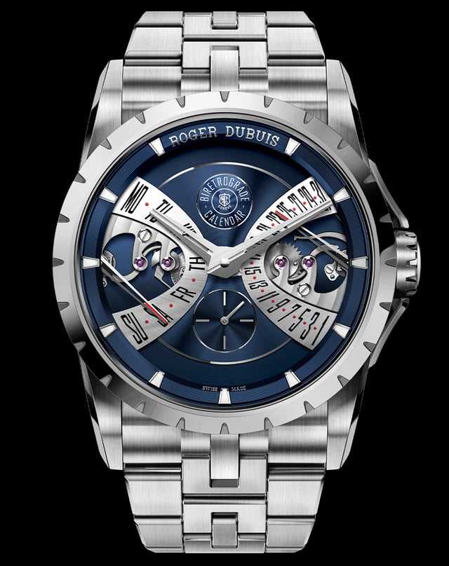 Roger Dubuis – Excalibur Biretrograde Calendar Cosmic Blue, stainless steel watch with automatic caliber, blue dial, and calendar function