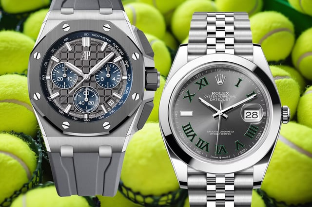 Audemars Piguet and Rolex watch in front of tennis balls