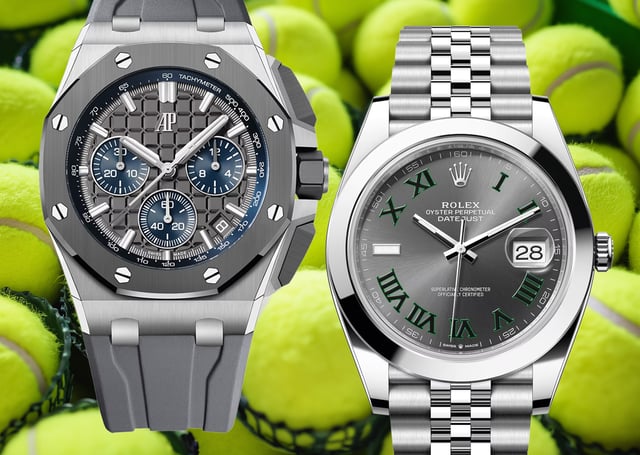 Audemars Piguet and Rolex watch in front of tennis balls