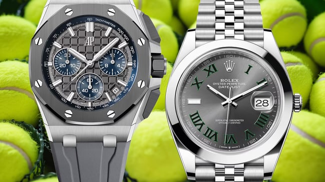 Audemars Piguet and Rolex watch in front of tennis balls