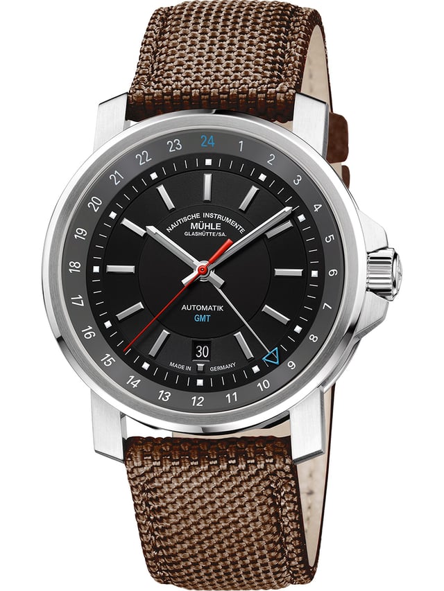 Mühle-Glashütte 29er Big GMT, brown textile strap, font