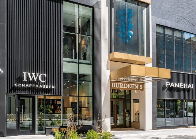 Exterior of Burdeen’s Jewelry on East Oak Street in Chicago, flanked by IWC Schaffhausen and Panerai boutiques.