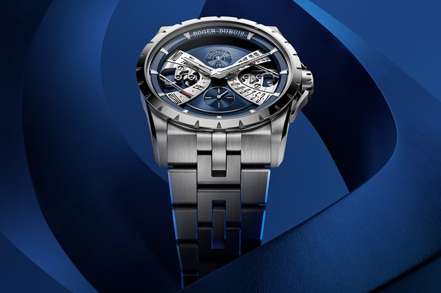 Roger Dubuis, stainless steel watch with automatic movement, blue dial, and calendar function