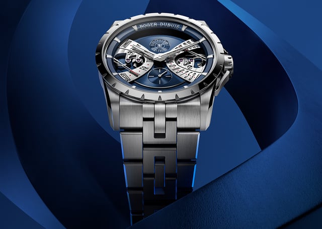 Roger Dubuis, stainless steel watch with automatic movement, blue dial, and calendar function