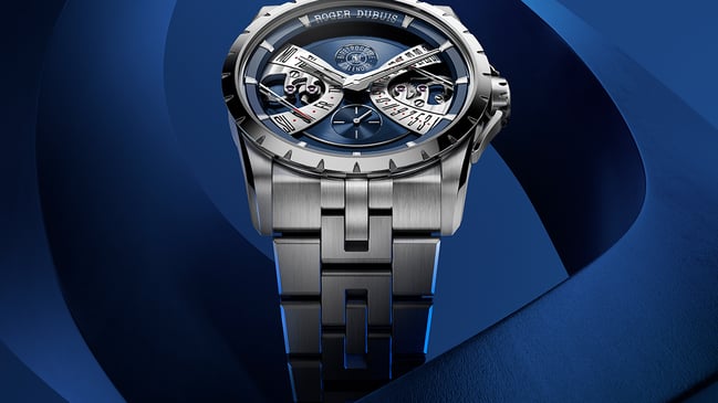 Roger Dubuis, stainless steel watch with automatic movement, blue dial, and calendar function