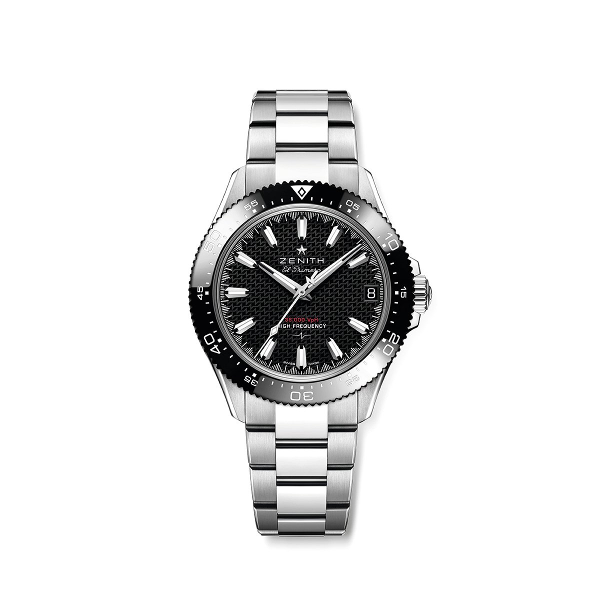 Zenith Chronomaster Solo Sport, steel watch front view against white background