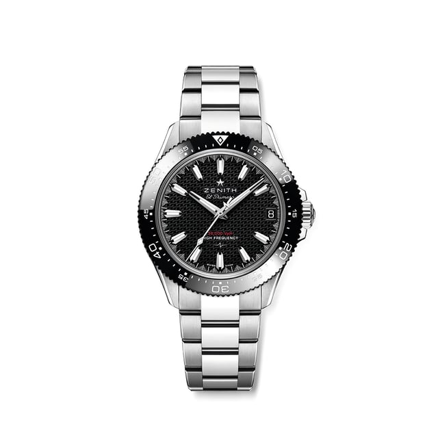 Zenith Chronomaster Solo Sport, steel watch front view against white background