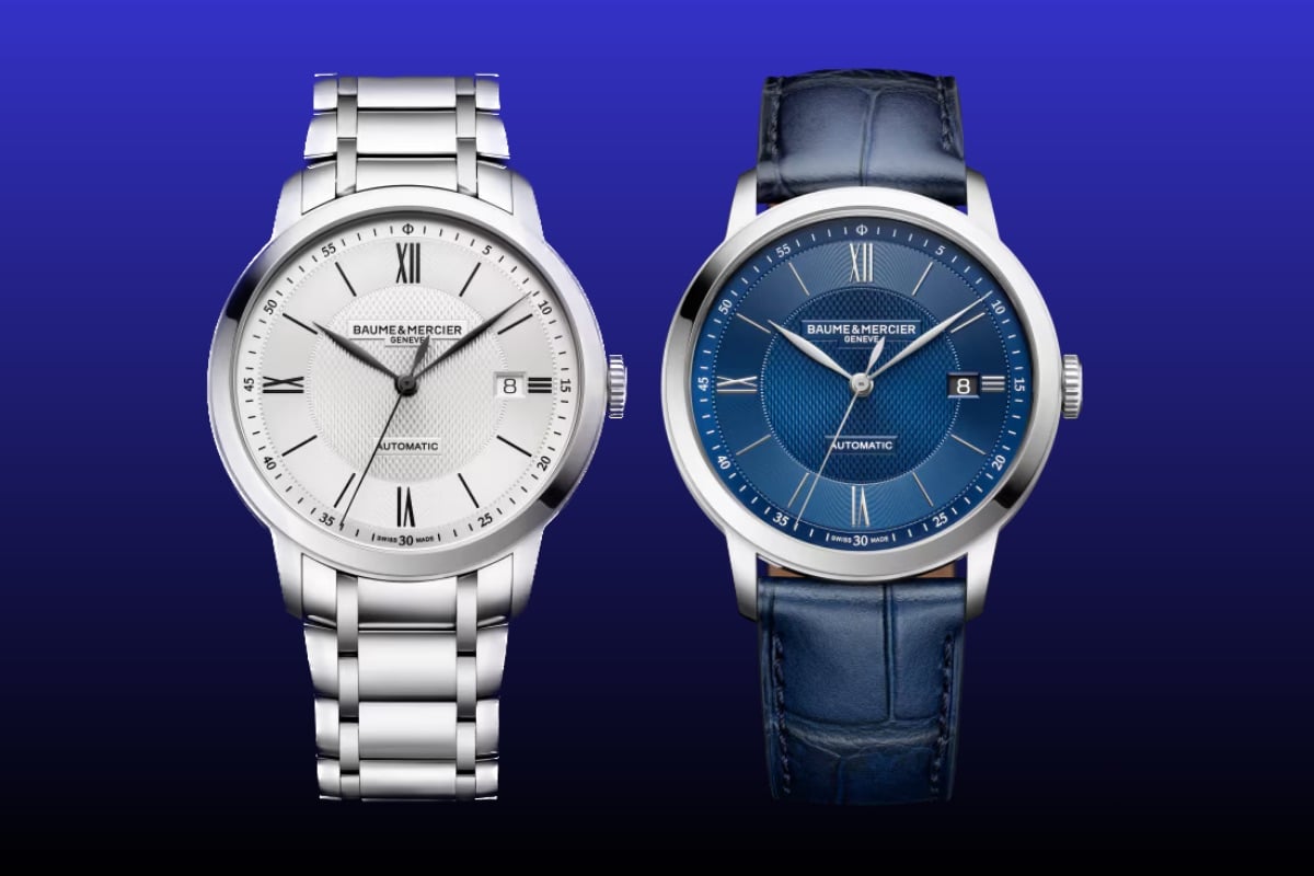 Two variants of the Baume & Mercier Classima Automatic with a stainless steel bracelet and with a blue leather strap with a blue dial
