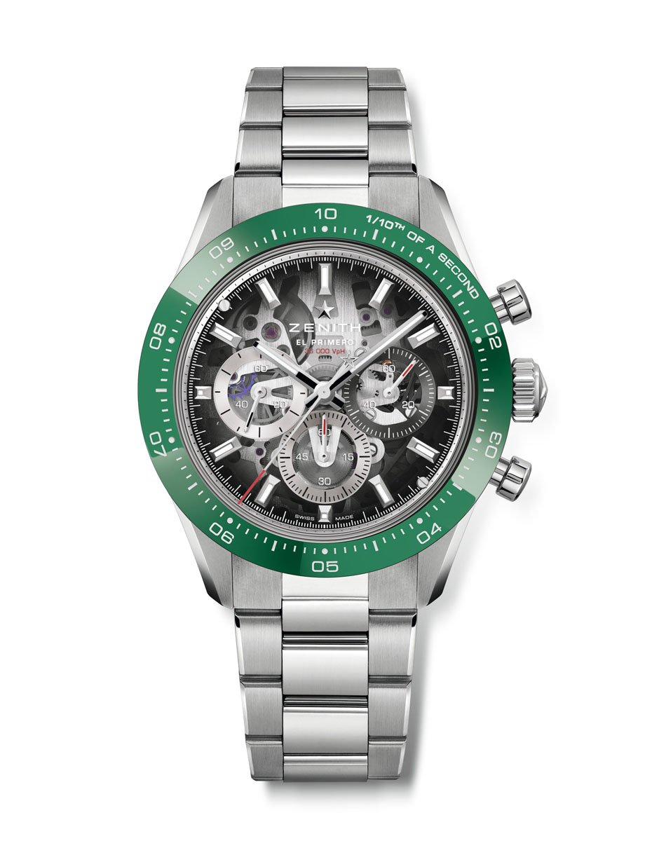 Zenith: Chronomaster Sport Skeleton with green bezel and steel bracelet