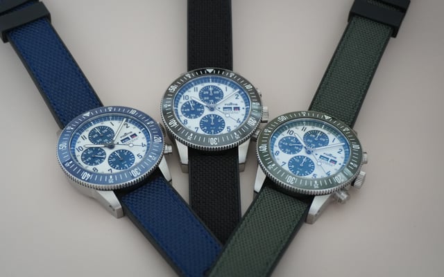 Fortis has introduced three new versions of its Novonaut chronograph. The N-42 Halo Editions, in black (Ref. F2040021), blue (F2040022), and green (F2040023)