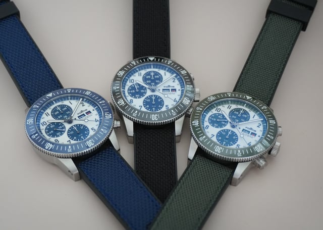 Fortis has introduced three new versions of its Novonaut chronograph. The N-42 Halo Editions, in black (Ref. F2040021), blue (F2040022), and green (F2040023)