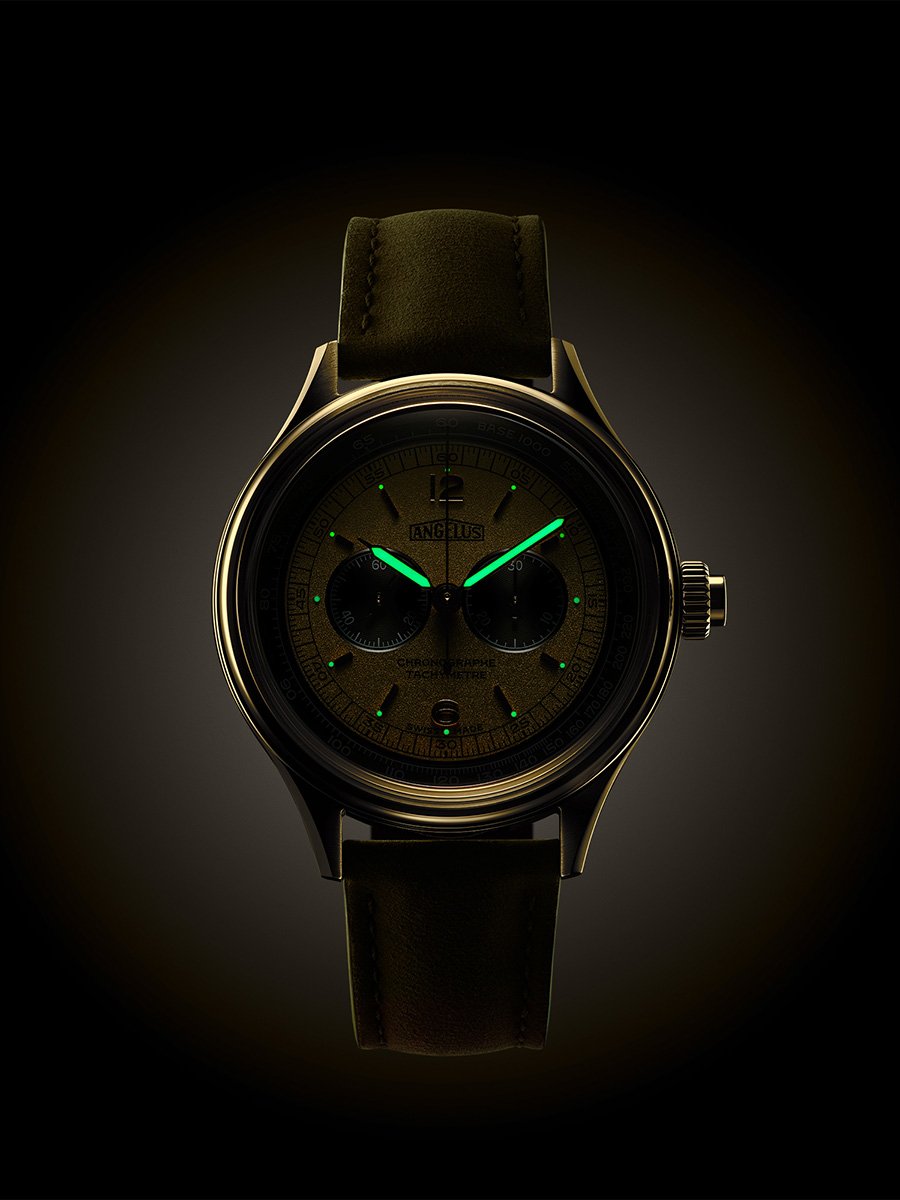 Angelus Chronographe Tachymètre, Gold – yellow dial: lime