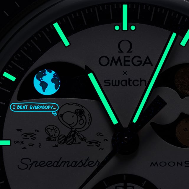 Swatch_MoonSwatch_SO33N701L_close-up earthphase_moonphase_night Snoopy and Woodstock hidden message