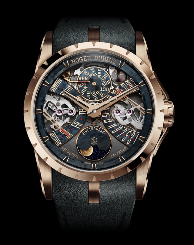 Roger Dubuis – Excalibur Biretrograde Perpetual Calendar, gold watch with manufacture caliber and perpetual calendar