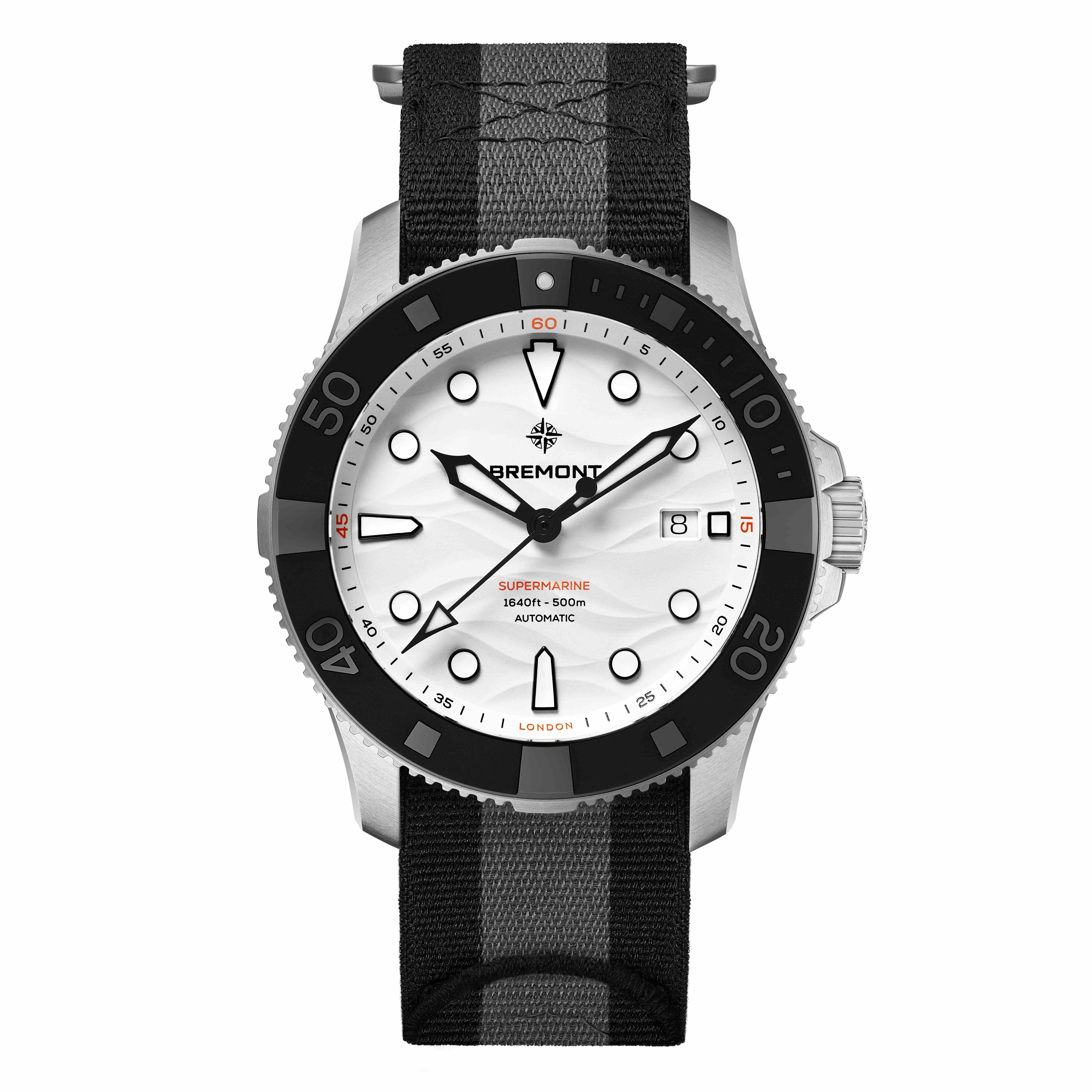 Bremont Supermarine 500M Polar White with Nato strap seen from front