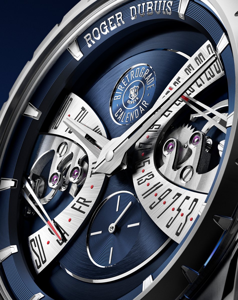Roger Dubuis – Excalibur Biretrograde Calendar Cosmic Blue, stainless steel watch with automatic caliber, blue dial and calendar function