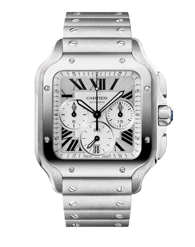 Cartier – Santos de Cartier Chronograph, chronograph in steel with automatic movement and integrated bracelet