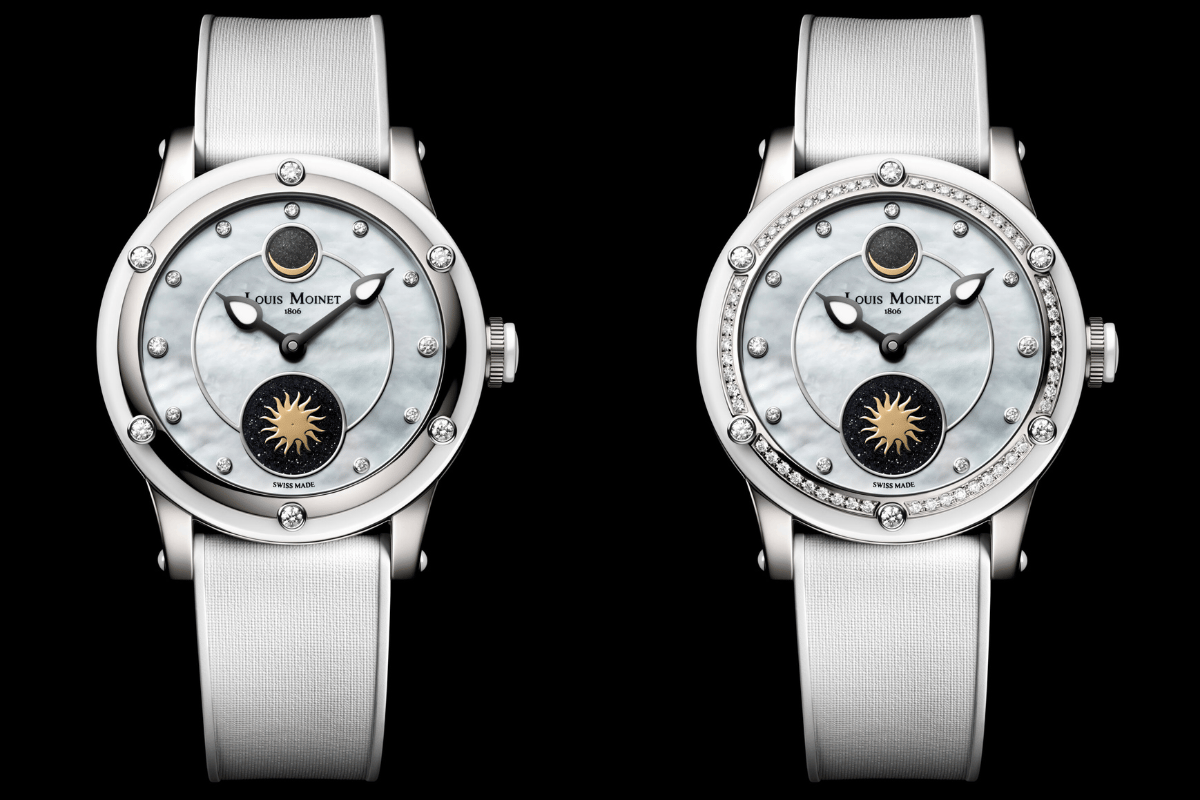 Two versions of the Louis Moinet Skydance, front, dial