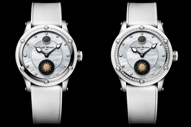 Two versions of the Louis Moinet Skydance, front, dial