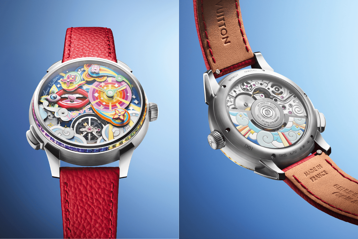 Front and back of the Louis Vuitton Tambour Taiko Arty Automata with case back