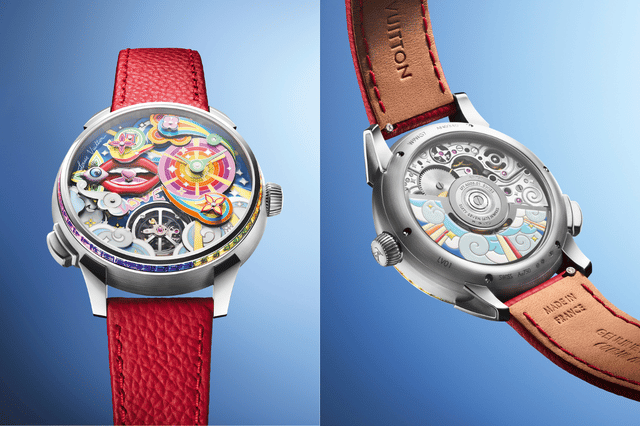 Front and back of the Louis Vuitton Tambour Taiko Arty Automata with case back