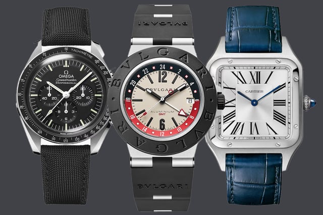 Omega, Bulgari, Cartier, chronograph, GMT watch, and dress watch