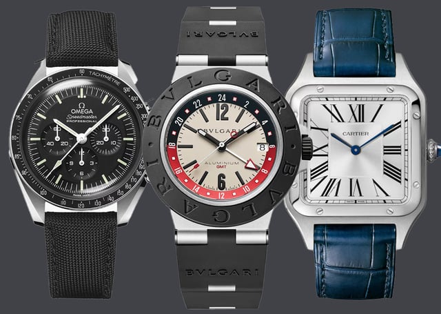 Omega, Bulgari, Cartier, chronograph, GMT watch, and dress watch