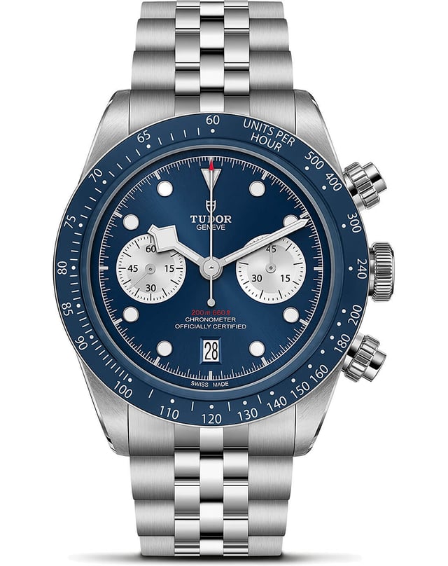 Tudor Chrono, automatic chronograph made of stainless steel with blue dial