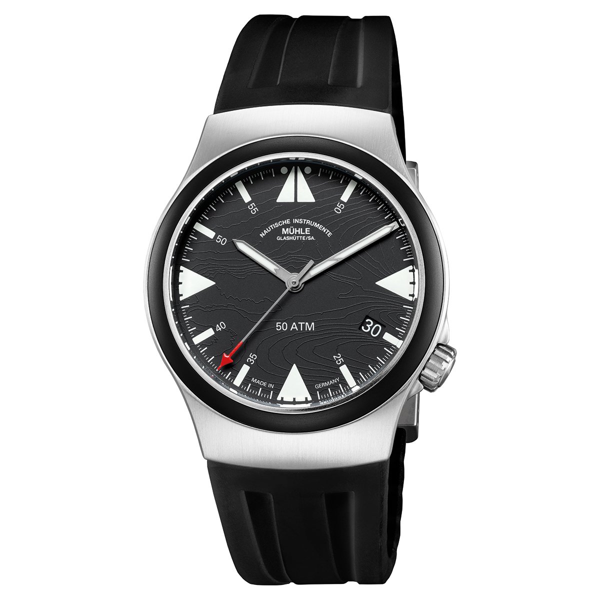 Mühle-Glashütte S.A.R. Mission-Timer “160 Years of DGzRS”, Titanium watch with black dial and strap, white background