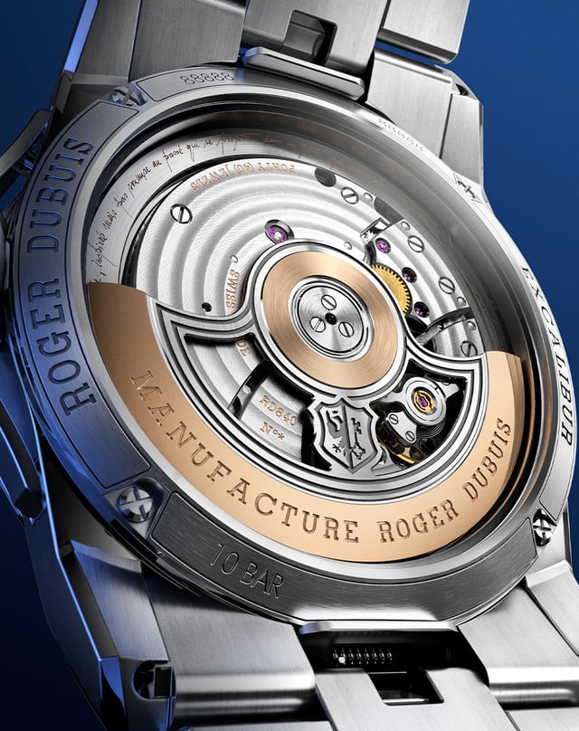 Roger Dubuis – Excalibur Biretrograde Calendar Cosmic Blue, stainless steel watch with automatic caliber, blue dial, and calendar function